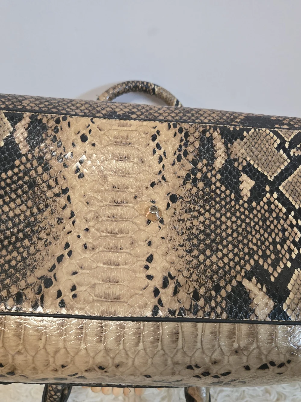 Glitter Dome Satchel in Taupe with Snake-Print Trim